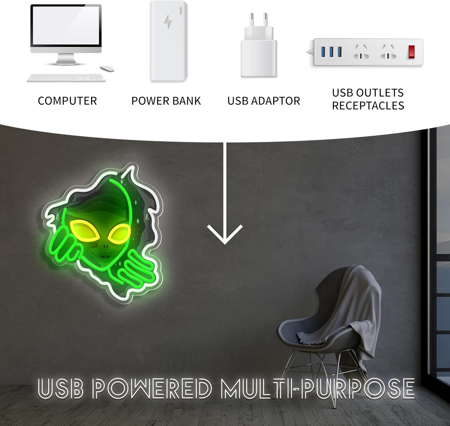 Alien Face Insegna al neon Bag - Outdoor Lighting Decor Ideas recensione e prezzo